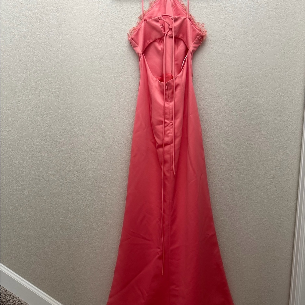 VTG 90s Y2K Dollar USA Coral Pink Satin Gown 3D Floral Beaded Halter Dress XS - Picture 14 of 15